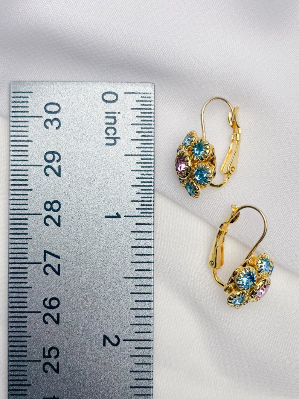 Vintage Joan Rivers Crystal Jewel Flowers Blue Pink Gold Leverback Earrings - Picture 11 of 11